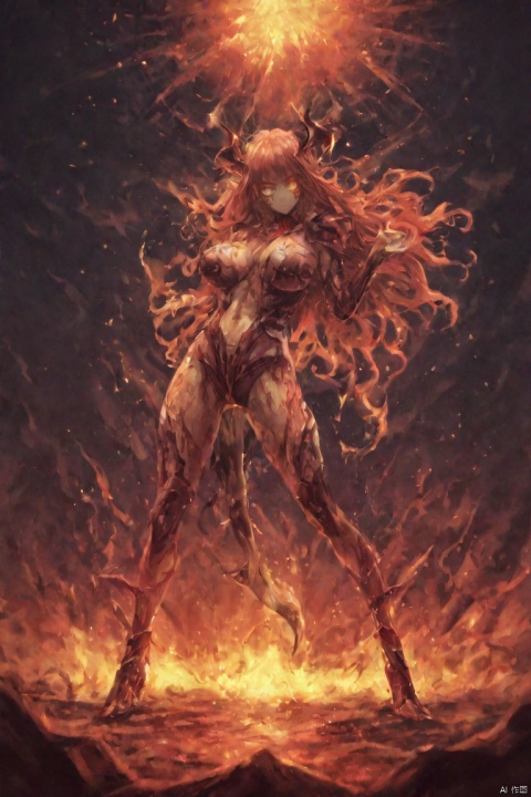  abstract, 1 female demon, succubus, full bodysuits armor, red eyes, long hair, red hair, full body, high heels, knee boots, long legs, large breasts, hell, (fire), blood stain, bleeding, muscular female, (abs),