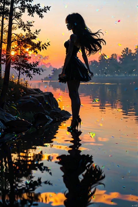  1girl, solo, miniskirt, long hair, floating hair, high heels, (silhouette in the dark, black figure), vaguely saw a hazy figure, sunset, lake, reflective light,