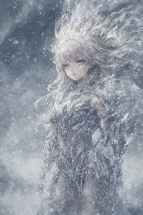  (abstract:1.3), 1 female demon, succubus, (full crystal armor), (blizzard:1.3), (strom:1.3), crystal, (snow flakes), white eyes, long hair, silver hair, (cowboy shot:1.2), snow moutain, extremely muscular, dynamic angel,