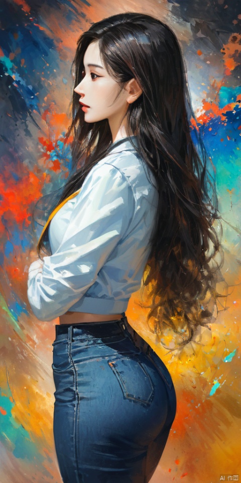abstract, oil painting, masterpiece, best quality, 8k, 1girl, realistic, profile, upper body, long hair, jacket, tight jeans, ass, narrow waist, wide hip, painting splash, 