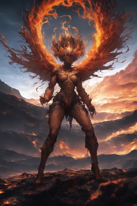 masterpiece,(best quality),highlyd etailed,ultra-detailed,fiery,(1girl),demon girl,koran doll like, succubus,muscular female,abs,super model body shape,flame-covered body,fiery hair,standing on a volcano crater,(intense gaze),(dramatic lighting),(red and orange color palette),cowboy_shot,(volcano:1.2),(winged demon:1.3),(fire emoting from her hands:1.1),breasts,