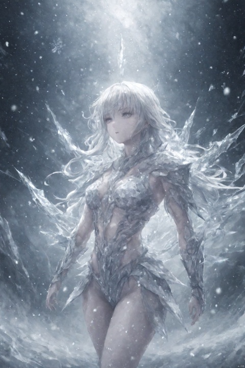  (abstract:1.3), 1 female demon, succubus, (full crystal armor), (blizzard:1.3), (strom:1.3), crystal, (snow flakes), white eyes, long hair, silver hair, (cowboy shot:1.2), snow moutain, extremely muscular, dynamic angle,