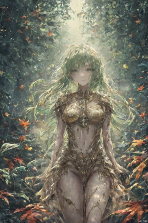  (abstract:1.3), 1 female demon, succubus, clear face, slim, (light leaves armor with flowers), (raining:1.3), (fall leaves in wind:1.3), green eyes, long hair, light green hair, wet hair, wet, (cowboy shot:1.2), (jungle:1.2), dynamic angle,
