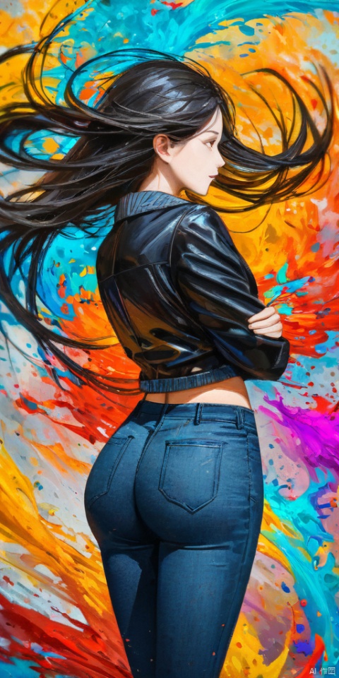 abstract, oil painting, masterpiece, best quality, 8k, 1girl, color splash, profile, cowboy shot, long hair, floating hair, jacket, tight jeans, (ass), narrow waist, slim legs, slim body, painting splash, 