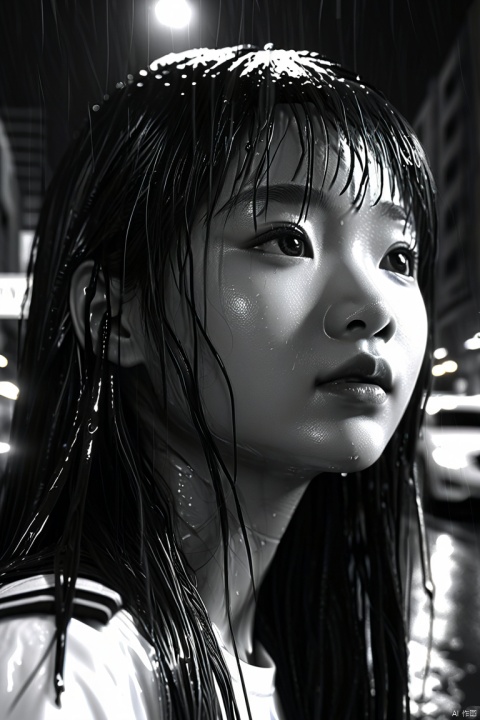 black and white, photorelistic, 1girl, asian doll like, (extrem close up), long hair, brown hair, messy hair, bangs, small raining, wet hair, wet face, ultra detailed, ultra detailed skin, city, night, street, cinematic light, ray tracing, dynamic angle, looking at far away, shadow, dim light, 