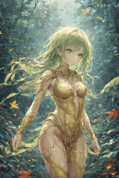  (abstract:1.3), 1 female demon, succubus, clear face, slim, (yelliow leaves light armor with flowers), (heavy raining:1.3), (fall leaves in wind:1.3), green eyes, long hair, light green hair, wet hair, wet, (cowboy shot:1.2), (jungle:1.2), dynamic angle,