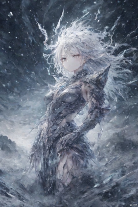  (abstract:1.3), 1 female demon, succubus, clear face, strong, (heavy crystal armor), (blizzard:1.3), (strom:1.3), white eyes, long hair, silver hair, (cowboy shot:1.2), snow moutain, dynamic angle,