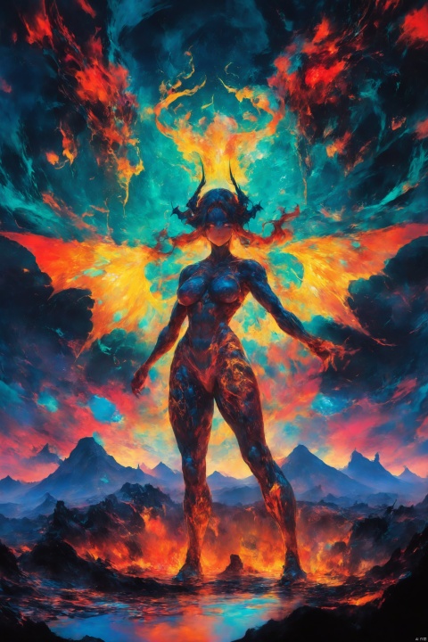 masterpiece,(best quality),highlyd etailed,ultra-detailed,fiery,(1girl),demon girl,koran doll like, succubus,muscular female,abs,super model body shape,flame-covered body,(fiery hair),standing on a volcano crater,(intense gaze),(dramatic lighting),(red and orange color palette),cowboy_shot,(volcano:1.2),(winged demon:1.3),(fire emoting from her hands:1.1),breasts,long hair, abstract