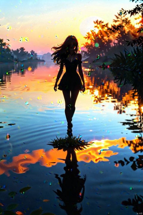  1girl, solo, miniskirt, long hair, floating hair, high heels, (silhouette in the dark, black figure), (vaguely saw a hazy figure), sunset, lake, reflective light, Volumetric light