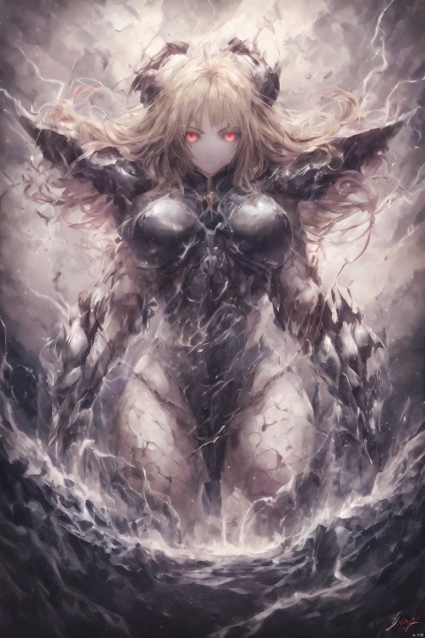 (abstract), 1 female demon, succubus, full metal armor, (lightning:1.3), (thunder:1.3), yellow eyes, long hair, blonde hair, cowboy shot, (clouds), extremely muscular, dynamic angel, large breasts,