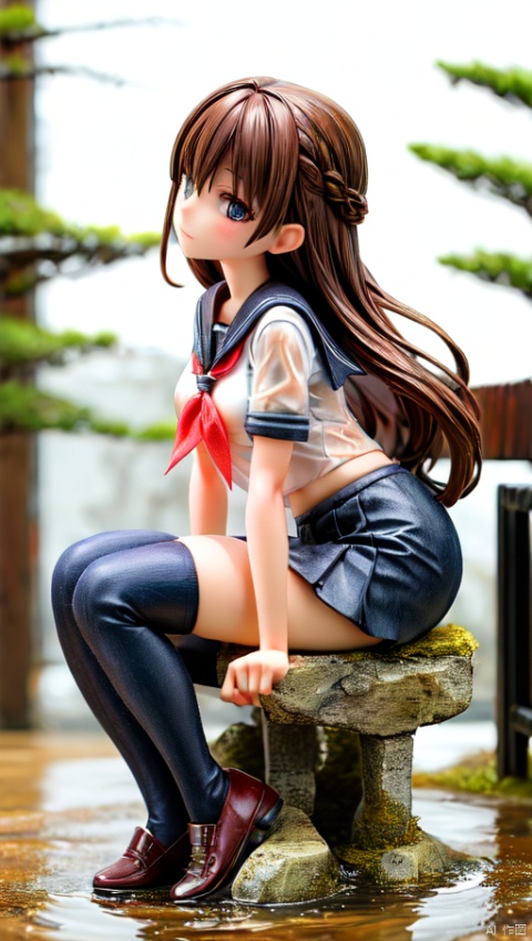  ker,1girl,solo,dynamic angle,brown hair,long hair,wet hair, full body,prospect,sailor_shirt,pleated_skirt,black_thighhighs,wet clothes,sitting,on park bench,rain,park,masterpiece, best quality