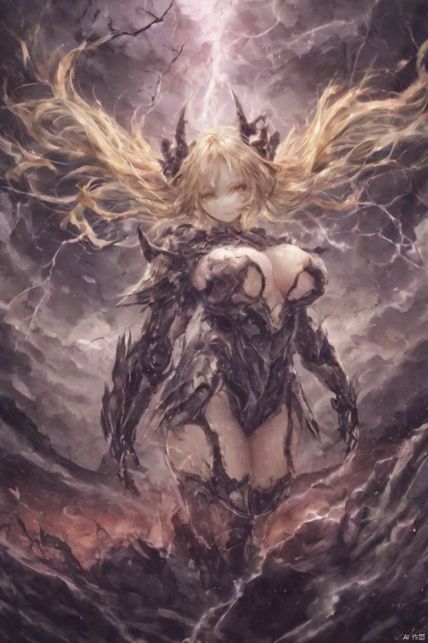 (abstract), 1 female demon, succubus, full metal armor, (lightning:1.3), (thunder:1.3), yellow eyes, long hair, blonde hair, cowboy shot, (clouds), extremely muscular, dynamic angel, large breasts, sky, flying, metallic luster