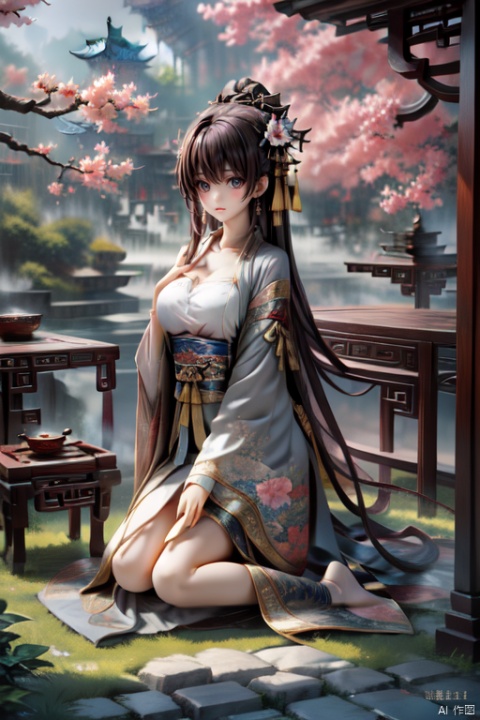 masterpiece, best quality,(simple background:1.2), (grey background:1.4), Micro landscape, BREAK, ker,1girl,solo,long hair,brown hair, full body,dynamic angle, (breasts:0.8), available light, ([blossom|tree|grass]), chinese bench, chang,(cleavage:0.7)
