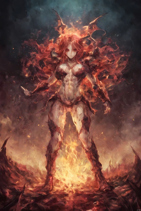 abstract, 1 female demon, succubus, (vampire bucktooth), living organic armor, red eyes, long hair, red hair, full body, high heels, knee boots, long legs, large breasts, hell, (fire), blood stain, bleeding, muscular female, (abs),