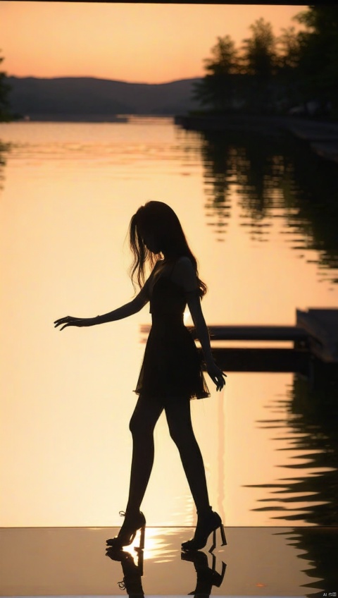1girl, solo, miniskirt, long hair, floating hair, high heels,  (silhouette in the dark, black figure), (vaguely saw a hazy figure:1.2), sunset, lake, reflective light, elegant pose, outside border,