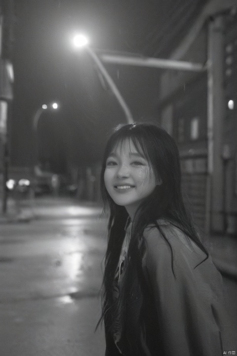 black and white, analog camera, kind smile, photogragh, photorelistic, 1girl, korean doll like, (upper body), long hair, brown hair, messy hair, bangs, small raining, wet hair, wet face, ultra detailed, ultra detailed skin, fasion clothes, fashion, melting makeup, city, night, street, cinematic light, ray tracing, dynamic angle, looking at far away, shadow, shadoe on face, dim light,