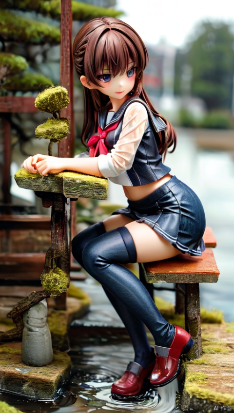  ker,1girl,solo,dynamic angle,brown hair,long hair,wet hair, full body,prospect,sailor_shirt,pleated_skirt,black_thighhighs,wet clothes,sitting,on park bench,rain,park,(simple background:1.1),masterpiece, best quality