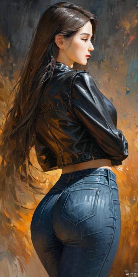 abstract, oil painting, masterpiece, best quality, 8k, 1girl, realistic, profile, upper body, long hair, jacket, tight jeans, ass, narrow waist, wide hip, painting spliter, 