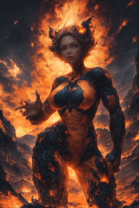 masterpiece,(best quality),highlyd etailed,ultra-detailed,fiery,(1girl),demon girl,koran doll like, succubus,muscular female,abs,super model body shape,flame-covered body,(fiery hair),standing on a volcano crater,(intense gaze),(dramatic lighting),(red and orange color palette:1.2),cowboy_shot,(volcano:1.2),(winged demon:1.3),(fire emoting from her hands:1.1),breasts,long hair,covered nipple, abstract,realistic,brown skin