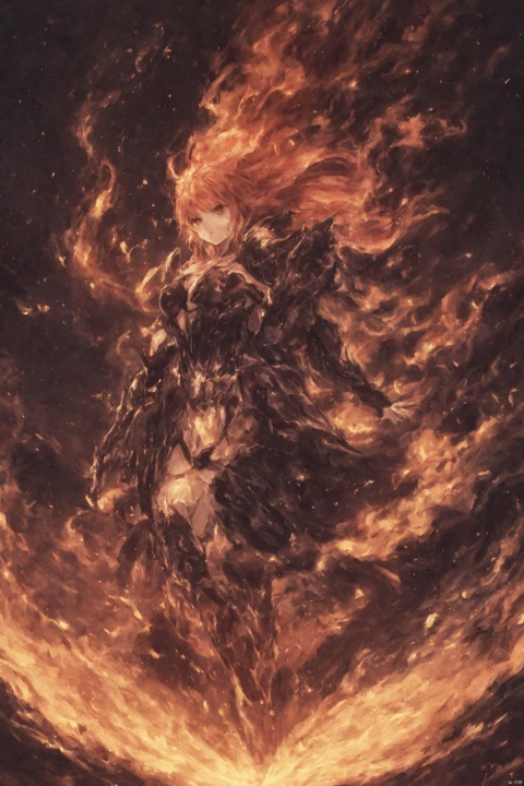  (abstract:1.3), 1 female demon, succubus, clear face, strong body, (fire obsidian armor:1.3), (fire:1.3), (flame:1.3), red eyes, long hair, red hair, fire hair, (cowboy shot:1.2), volcano, volcano crater, dynamic angle, (elegant pose), breats, muscular,