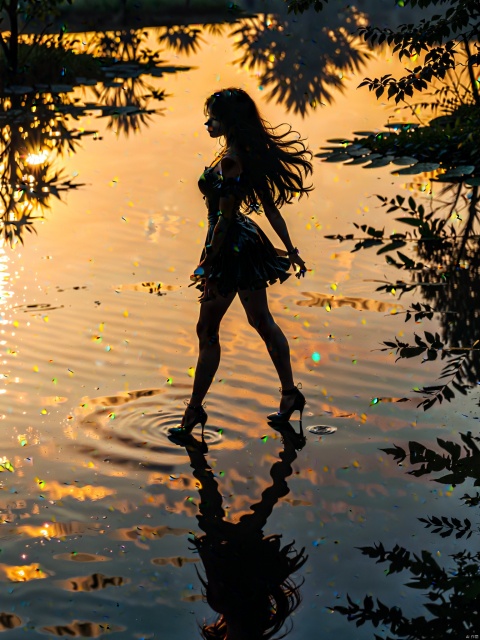1girl, solo, miniskirt, long hair, floating hair, high heels,  (silhouette in the dark, black figure), (vaguely saw a hazy figure), sunset, lake, reflective light,
