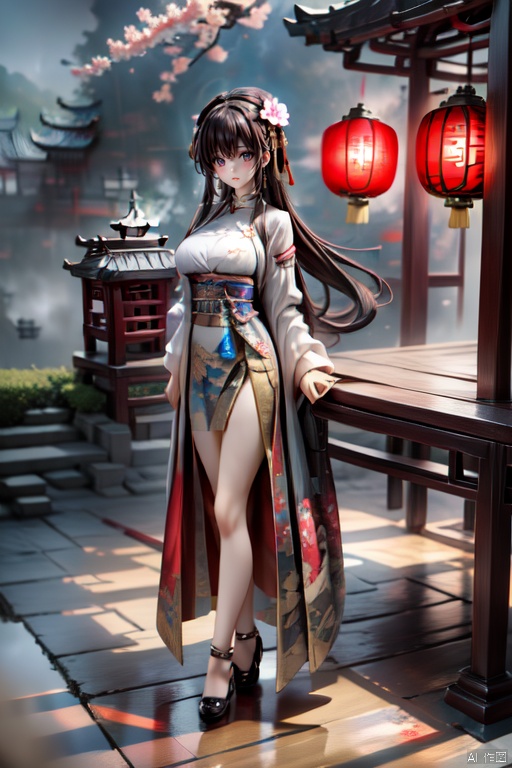masterpiece, best quality,(simple background:1.2), (grey background:1.4), Micro landscape, ([blossom|tree|grass]),pavilion, chinese bench, chang,BREAK, ker,1girl,solo,long hair,brown hair, full body,dynamic angle, (breasts:0.8), available light, 
