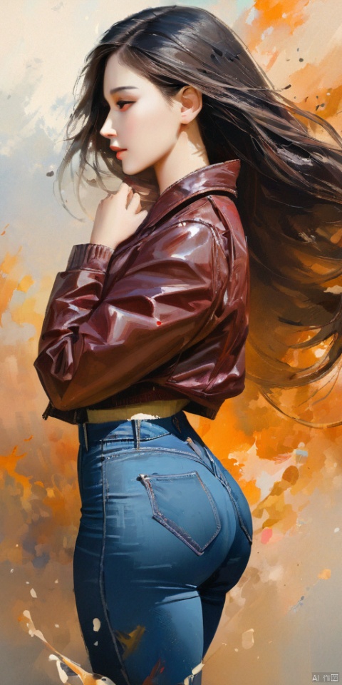 abstract, oil painting, masterpiece, best quality, 8k, 1girl, realistic, profile, cowboy shot, long hair, jacket, tight jeans, ass, narrow waist, wide hip, painting splash, 