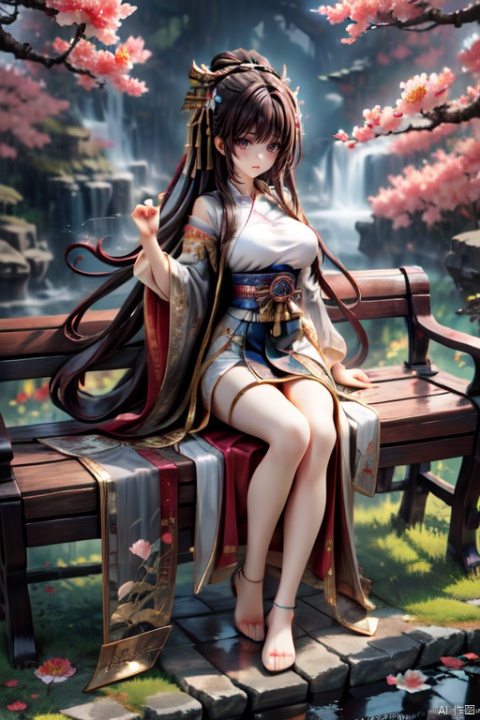 masterpiece, best quality,simple background, (grey background:1.4), Micro landscape, BREAK, ker,1girl,solo,long hair,brown hair, full body,dynamic angle,dynamic pose, (breasts:0.8), available light, sakura tree, bench, grass, flower, chang