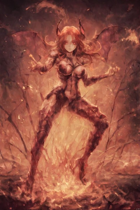  abstract, 1 female demon, succubus, (vampire bucktooth), full bodysuits armor, red eyes, long hair, red hair, full body, high heels, knee boots, long legs, large breasts, hell, (fire), blood stain, bleeding, muscular female, (abs),