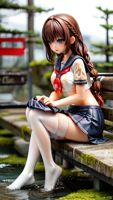  ker,,1girl,solo,dynamic angle,brown hair,long hair,wet hair, full body,prospect,sailor_shirt,pleated_skirt,black_thighhighs,(wet clothes:1.2),sitting,on park bench,rain,tuzhate,park,night,moon,,, masterpiece, best quality