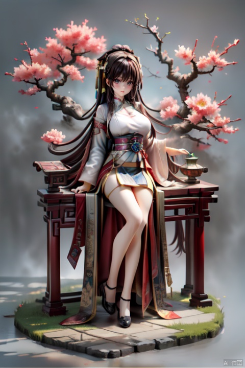 masterpiece, best quality,simple background, (grey background:1.4), Micro landscape, BREAK, ker,1girl,solo,long hair,brown hair, full body,dynamic angle, (breasts:0.8), available light, sakura tree, chinese bench, grass, flower, chang