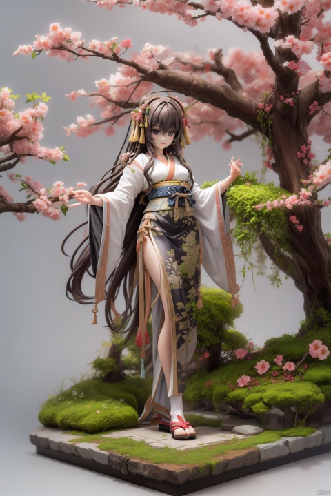 masterpiece, best quality,(simple background:1.2), (grey background:1.4), figma, Micro landscape, blossoms,tree,chinese pavilion, chinese bench, chang,BREAK, ker,1girl,solo,long hair,brown hair, full body,dynamic angle, hanfu, (breasts:0.8), available light,