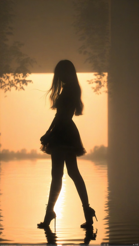 1girl, solo, miniskirt, long hair, floating hair, high heels,  (silhouette in the dark, black figure), (vaguely saw a hazy figure:1.3), sunset, lake, reflective light, elegant pose,