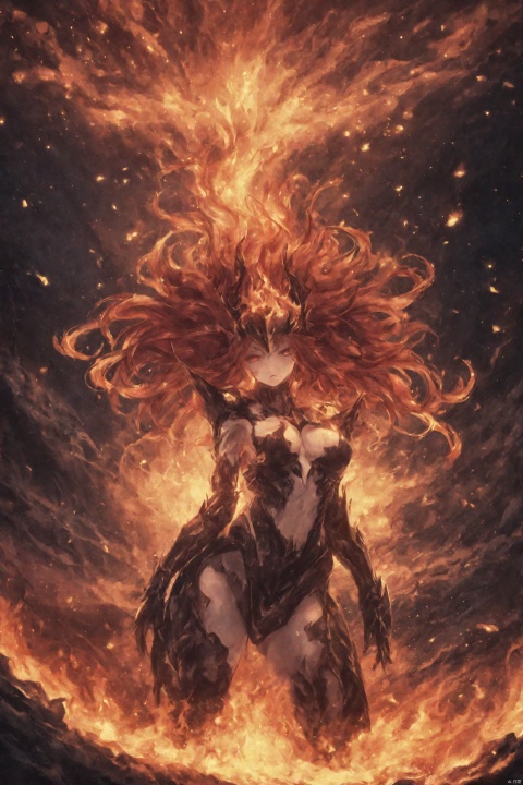  (abstract:1.3), 1 female demon, succubus, clear face, strong body, (fire obsidian armor:1.3), (fire:1.3), red eyes, long hair, red hair, fire hair, (cowboy shot:1.2), volcano, volcano crater, dynamic angle, (elegant pose), breats, muscular,