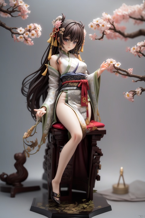 masterpiece, best quality,(simple background:1.2), (grey background:1.4), figma, tilt-shift, Micro landscape, blossoms,tree,chinese pavilion, chinese bench, chang,BREAK, ker,1girl,solo,long hair,brown hair, full body,dynamic angle, hanfu, (breasts:0.8), available light,