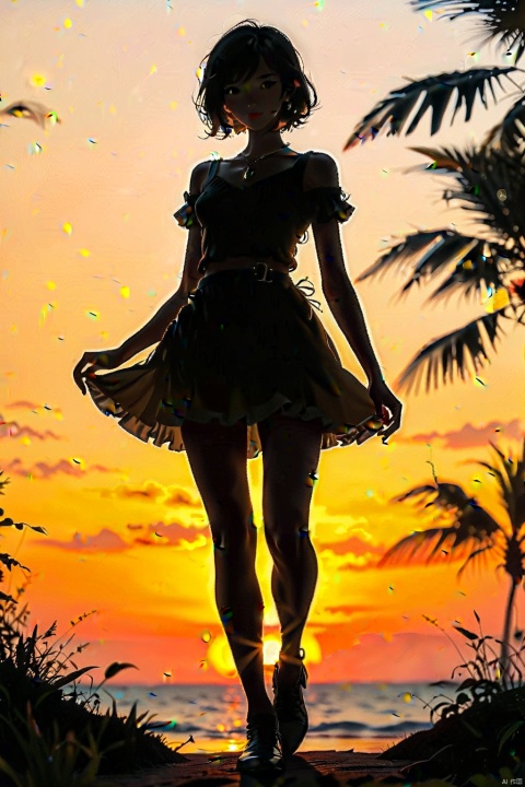  1girl, solo, miniskirt, (silhouette in the dark, black figure), vaguely saw a hazy figure, sunset,
