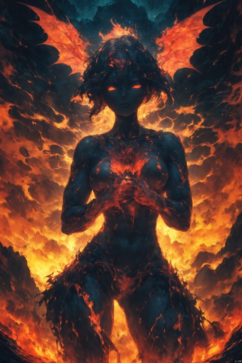 masterpiece,(best quality),highlyd etailed,ultra-detailed,fiery,(1girl),demon girl,koran doll like, succubus,muscular female,abs,super model body shape,flame-covered body,(fiery hair),standing on a volcano crater,(intense gaze),(dramatic lighting),(red and orange color palette:1.2),cowboy_shot,(volcano:1.2),(winged demon:1.3),(fire emoting from her hands:1.1),breasts,long hair,rock bra, abstract