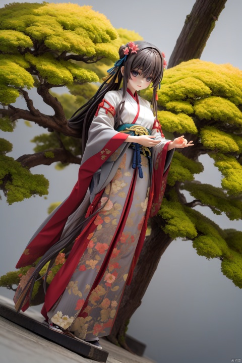 masterpiece, best quality,(simple background:1.2), (grey background:1.4), figma, Micro landscape, blossoms,tree,chinese pavilion, chinese bench, chang,BREAK, ker,1girl,solo,long hair,brown hair, full body,dynamic angle, hanfu, (breasts:0.8), available light,