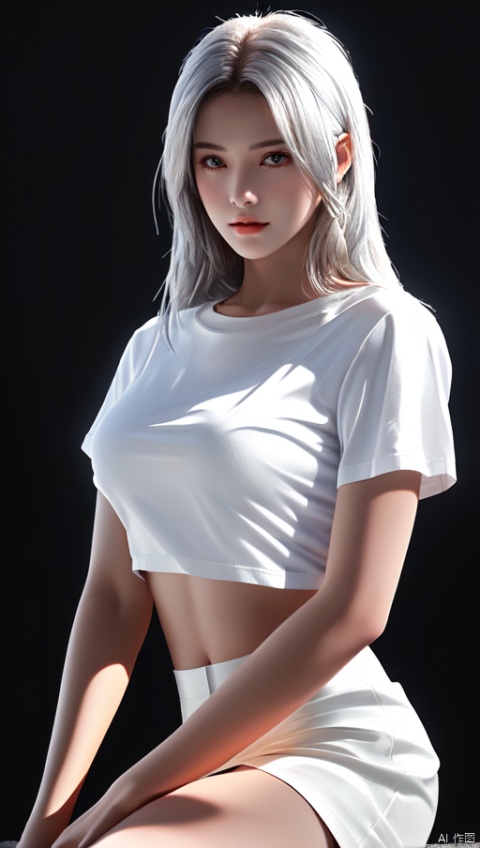 ker,1girl,solo,upper body,silver hair,long hair,realistic,white silk t-shirt,red shining miniskirt,golden high heels,simple background,Cinematic Lighting,breasts,shadow, best quality, master pieces,