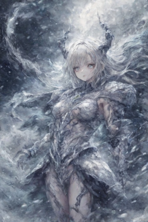  (abstract:1.3), 1 female demon, succubus, clear face, strong, (heavy crystal armor), (blizzard:1.3), (strom:1.3), white eyes, long hair, silver hair, (cowboy shot:1.2), snow moutain, dynamic angle,