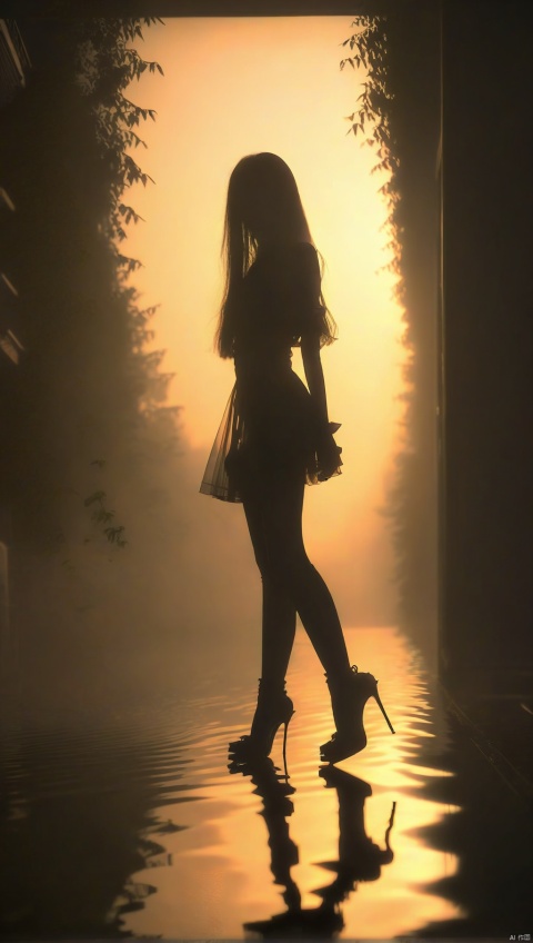 1girl, solo, miniskirt, long hair, floating hair, high heels,  (silhouette in the dark, black figure), (vaguely saw a hazy figure:1.3), sunset, lake, reflective light, elegant pose,