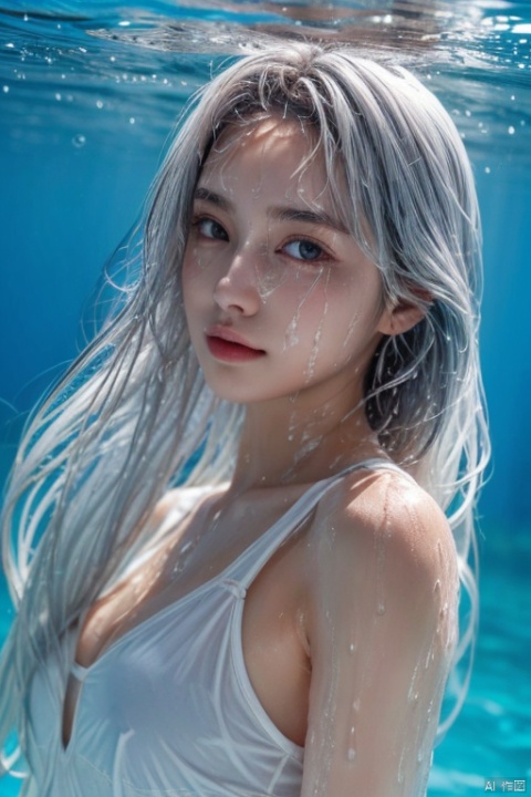 ker, 1girl, solo, taq, long hair, (silver hair:1.1) upper body, milky skin, under water,wet hair, wet clothes, air bubbles 