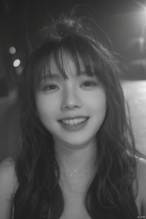 black and white, analog camera, kind smile, photogragh, photorelistic, 1girl, korean doll like, (upper body), full lips, long hair, brown hair, messy hair, bangs, small raining, wet hair, wet face, ultra detailed, ultra detailed skin, fasion clothes, fashion, melting makeup, city, night, street, cinematic light, ray tracing, dynamic angle, looking at far away, shadow, shadoe on face, dim light,