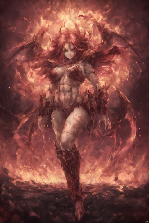 abstract, 1 female demon, succubus, (vampire bucktooth), living organic armor, red eyes, long hair, red hair, full body, high heels, knee boots, long legs, large breasts, hell, (fire), blood stain, bleeding, muscular female, (abs),