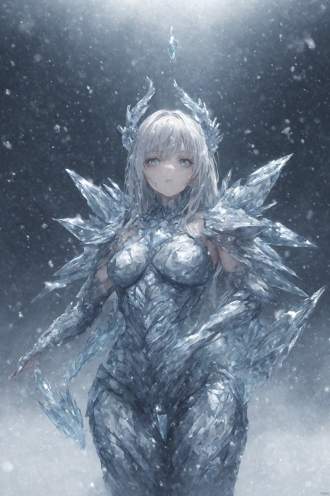  (abstract:1.3), 1 female demon, succubus, clear face, strong body, (transparent ice crystal armor:1.3), (snow storm:1.5), (blizzard:1.5), (ice), (snow:1.3), white eyes, long hair, silver hair, (cowboy shot:1.2), snow mountain, dynamic angle, (elegant pose), breats, muscular,