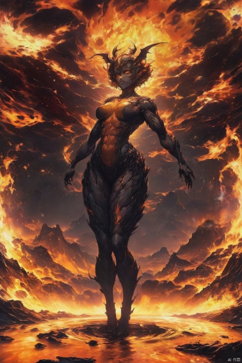 masterpiece,(best quality),highlyd etailed,ultra-detailed,fiery,(1girl),demon girl,koran doll like, succubus,muscular female,abs,super model body shape,flame-covered body,fiery hair,standing on a volcano crater,(intense gaze),(dramatic lighting),(red and orange color palette),full body,(volcano:1.2),(winged demon:1.3),(fire emoting from her hands:1.1),breasts,