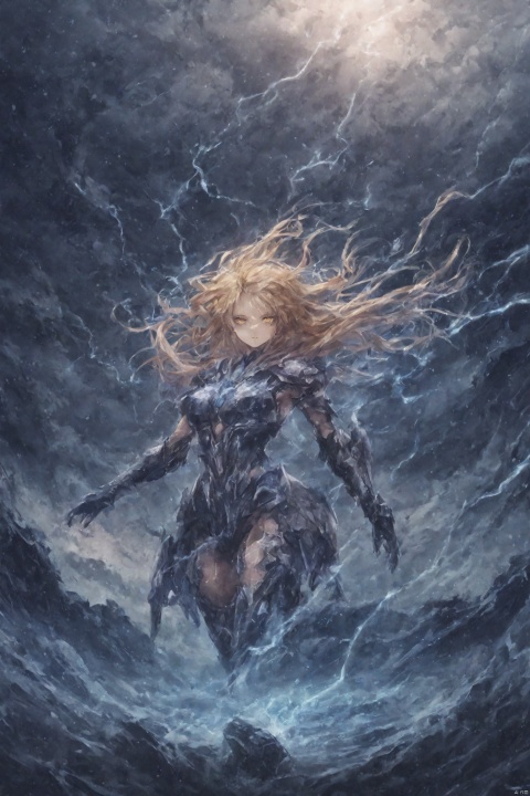  (abstract:1.3), 1 female demon, succubus, clear face, strong body, (flash lightning armor:1.3), (lightning:1.5), (thunder:1.5), (flash), (storm:1.3), flying, yellow eyes, long hair, blonde hair, floating hair, (cowboy shot:1.2), sky, (clouds), dynamic angle, (elegant pose), breats, muscular,
