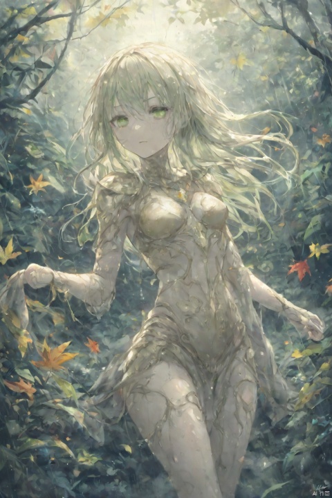  (abstract:1.3), 1 female demon, succubus, clear face, slim, (yelliow leaves light armor with flowers), (heavy raining:1.3), (fall leaves in wind:1.3), green eyes, long hair, light green hair, wet hair, wet, (cowboy shot:1.2), (jungle:1.2), (fog:1.2), dynamic angle,