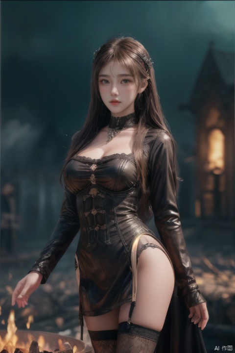 1girl,solo,(oil painting:1.3),long hair,brown hair,hair_bobbles,eye-contact,thighhighs,(garter-velvet lace shirt:1.2),leather black mittens,leather miniskirt,narrow waist,(smile:0.8),cowboy shot,(gothic:1.2),medieval,dark,dungeon,(bonfire:1.2),(fire:1.2),(dim light:1.1),(ray tracing:1.1),