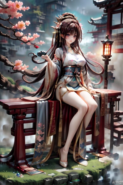 masterpiece, best quality,simple background, (grey background:1.4), Micro landscape, BREAK, ker,1girl,solo,long hair,brown hair, full body,dynamic angle,dynamic pose, (breasts:0.8), available light, sakura tree, bench, grass, flower, chang